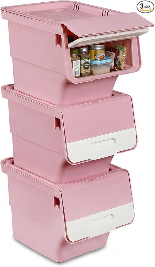Giantex Plastic Stackable Storage Bins with Lids & Wheels, 3 Pack Open Front Stacking Bins, Organizer Bins for Pantry, Kitchen, Laundry, Closet, Playroom, Bedroom Organization (12.5 QT)