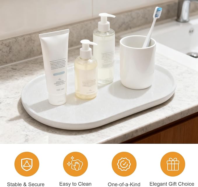 Pure Natural Marble Tray for Bathroom, Dresser, Sink. Cosmetics, toiletries, perfumes, Jewelry, Candles, etc. can be Placed (White Jade, 12" x 8" x 0.7")
