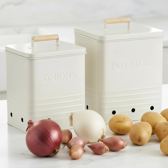 ZICOTO Beautiful Potato and Onion Storage Container Set, 10.1" & 8.9" - Perfectly Sized Spacious Canisters For Your Kitchen Counter Or Pantry - Food Safe Metal Bins Keep Produce Fresh Longer