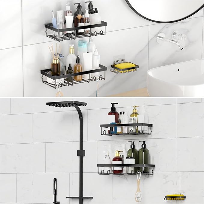 Moforoco 3-Pack Shower Caddy Basket Shelf with Soap Holder, No Drilling Traceless Adhesive Shower Wall Shelves, Rustproof Black Bathroom Shower Storage Organizer