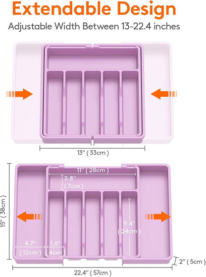 Lifewit Silverware Drawer Organizer, Expandable Utensil Tray for Kitchen, BPA Free Flatware and Cutlery Holder, Adjustable Plastic Storage for Spoons Forks Knives, 13-22 x 15", Purple