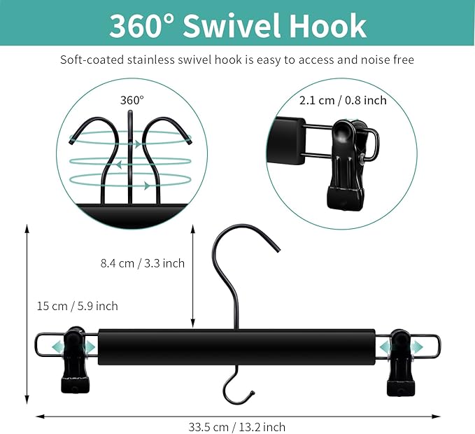 Black Wooden Hangers for Pants and Skirts - 10 Pack, Premium Quality Noise Reduction Coated Hook, Durable Two-Way Sure Grip Clips, Closet Organization, Non-Slip & Space Saving
