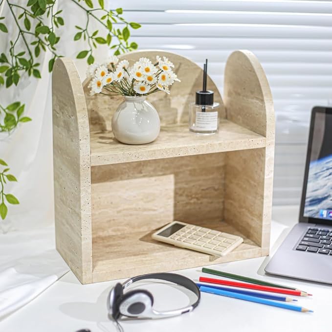 DUANYAN Travertine Bathroom Counter Organizers and Storage, 2-Tier Luxurious Makeup Organizer for Perfume Cosmetic Skincare Jewelry, Natural Stone Counter Shelf, No Assembly Required