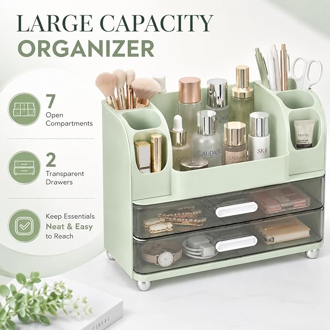 Makeup Organizer with 2 Drawers, Cosmetic Display Case, Storage Holder for Vanity, Bathroom Counter, Desk, Beauty Supplies (Green)