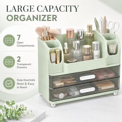Makeup Organizer with 2 Drawers, Cosmetic Display Case, Storage Holder for Vanity, Bathroom Counter, Desk, Beauty Supplies (Green)