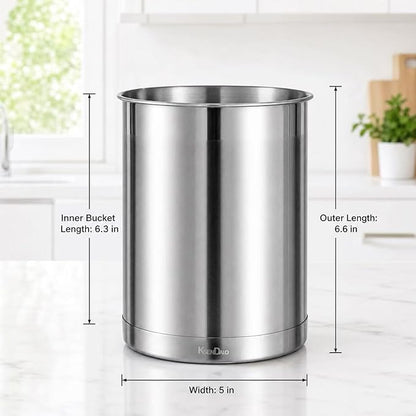KSENDALO Stainless Steel Utensil Holder for Counter 5.0" Diameter, Brushed Metal Utensil Crock Canister for Cooking Utensils on Countertop, with Heavy Base, Dishwasher Safe,Silver