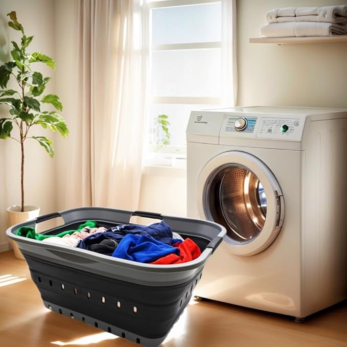 SAMMART 42L Collapsible Plastic Laundry Basket - Foldable Pop Up Storage Container/Organizer - Space Saving Hamper/Basket (1, Grey/Black)