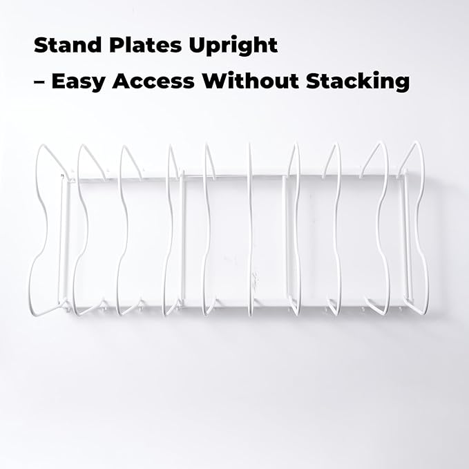 White Plate Stacker for Inside a Cabinet – Expandable 10-Slot Vertical Plate Organizer and Adjustable Dish Rack – Heavy-Duty Metal Cabinet Storage for Plates, Lids, and Cutting Boards