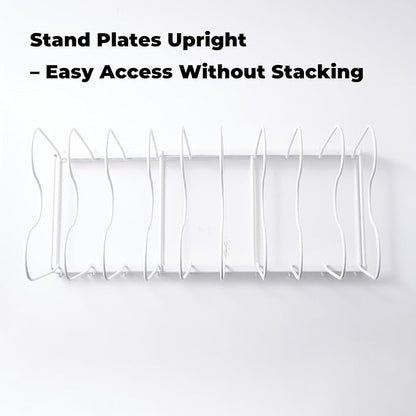 White Plate Stacker for Inside a Cabinet – Expandable 10-Slot Vertical Plate Organizer and Adjustable Dish Rack – Heavy-Duty Metal Cabinet Storage for Plates, Lids, and Cutting Boards