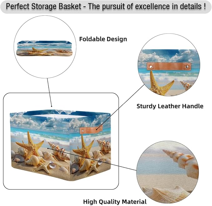 AUUXVA Storage Basket Sea Ocean Beach Starfish Shell Storage Cube Box Durable Canvas Collapsible Toy Basket Organizer Bin with Handles for Shelf Closet Bedroom Home Office