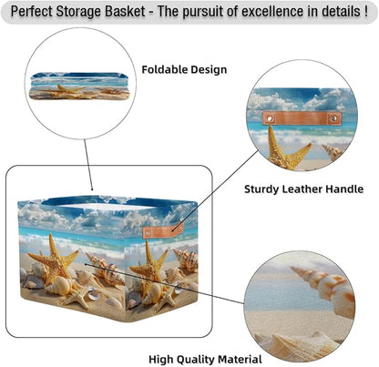 AUUXVA Storage Basket Sea Ocean Beach Starfish Shell Storage Cube Box Durable Canvas Collapsible Toy Basket Organizer Bin with Handles for Shelf Closet Bedroom Home Office