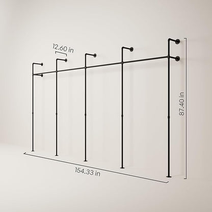 pamo Wall Mounted Pipe Clothing Rack – Industrial Closet System in Black Powder-Coated Steel – 154" W × 87" H, 970 lbs – Walk-In Closet & Retail