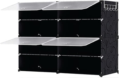 Patented Shoe Racks Organizers Shelves, Floor-Standing, Wall Hanging, Sturdy and extendable. Easy DIY Assembly, for Door Entrance, Closet, and Workplace (2x4Grid, Translucent & Black)