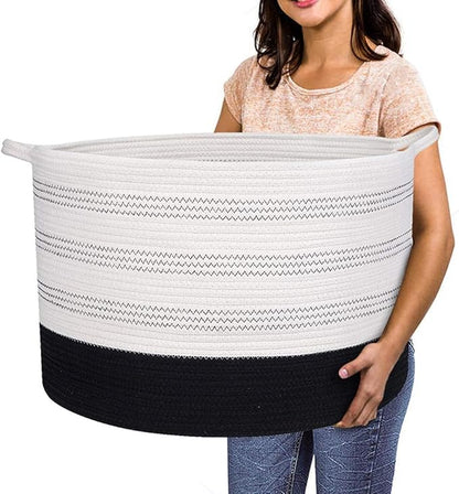 R RUNKA XXXLarge Cotton Rope Basket 22" X 22"X 14" Blanket Basket for Living Room Woven Basket Soft Baby Laundry Blanket Basket Nursery Bin Toy Basket with Handle White+Black