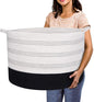 R RUNKA XXXLarge Cotton Rope Basket 22" X 22"X 14" Blanket Basket for Living Room Woven Basket Soft Baby Laundry Blanket Basket Nursery Bin Toy Basket with Handle White+Black