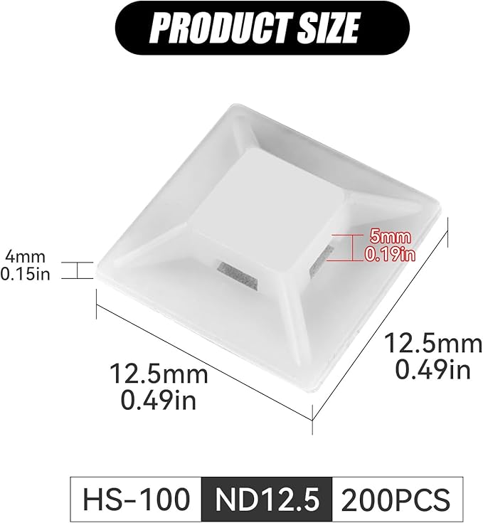 200Pcs Adhesive Zip Tie Mount, 1/2in White Cable Tie Mount, Plastic Zip Tie Mounting Squares, Sturdy Zip Tie Sticky Mounting Pads for Cable Organizer (White, 1/2"-200pcs)