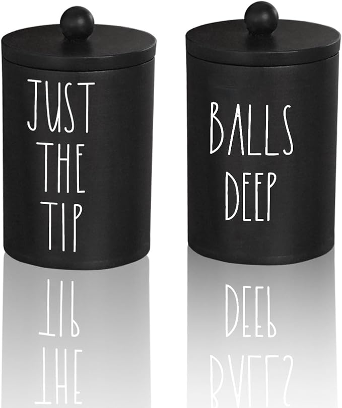 Farmhouse Apothecary Jars, Qtip & Cotton Ball Holder with Lids, Funny Rustic Cotton Swab Canisters for Bathroom Decor Storage Organization (Black)