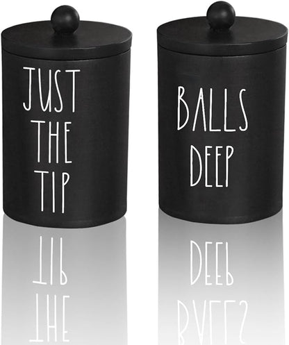 Farmhouse Apothecary Jars, Qtip & Cotton Ball Holder with Lids, Funny Rustic Cotton Swab Canisters for Bathroom Decor Storage Organization (Black)