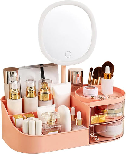 DASITON Makeup Organizer with Rechargeable Mirror,Makeup Brush Holder with 2 Drawers,Skincare and Cosmetics Organizer Countertop,Large Capacity Cosmetic Display Case for Vanity,Bedroom,Bathroom(Pink)