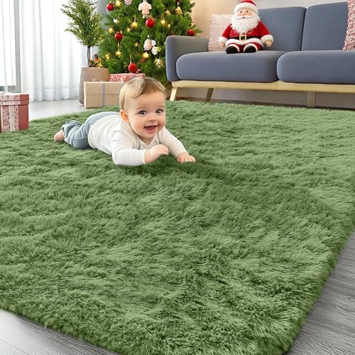 OLANLY Area Rugs for Living Room Bedroom, Machine Washable 4x5.9 ft Soft Fluffy Shaggy Bedside Rug, Indoor Floor Carpet for Kids Girls and Boys, Dorms, Nursery Rooms, Home Decor Aesthetic, Green by OLANLY
