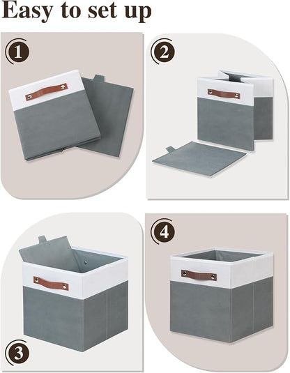 Temary 11x11 Storage Cubes Fabric Cube Storage Bins with Handles Clothes Storage Boxes Baskets for Organizing Home, Shelf, Closet (White&Grey, 11 x 11 x 11)