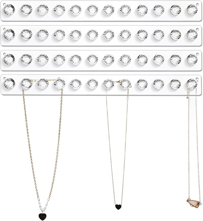 4-Pack Acrylic Necklace Holder, Necklace Hanger Wall Mount, Diamond Shape Jewelry Organizer with 12 Hooks for Necklaces, Bracelets, Chains - Clear Crystal Display Rack for Women