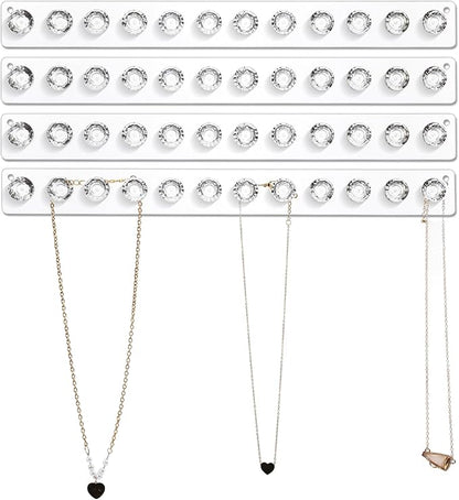 4-Pack Acrylic Necklace Holder, Necklace Hanger Wall Mount, Diamond Shape Jewelry Organizer with 12 Hooks for Necklaces, Bracelets, Chains - Clear Crystal Display Rack for Women