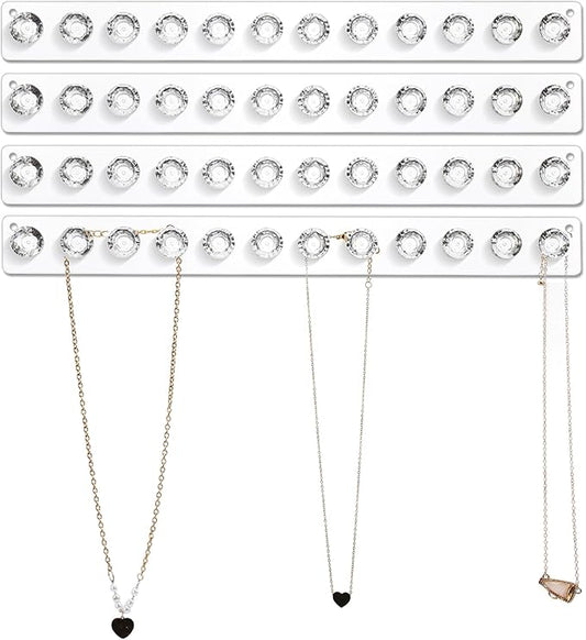4-Pack Acrylic Necklace Holder, Necklace Hanger Wall Mount, Diamond Shape Jewelry Organizer with 12 Hooks for Necklaces, Bracelets, Chains - Clear Crystal Display Rack for Women