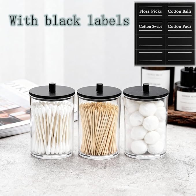 3 Pack Qtip Holder Dispenser for Cotton Swabs, Balls, Pads,Floss Picks- Bathroom Small Clear Plastic Canister Apothecary Jar Set Essentials Accessories Decor,Vanity Storage Organizer