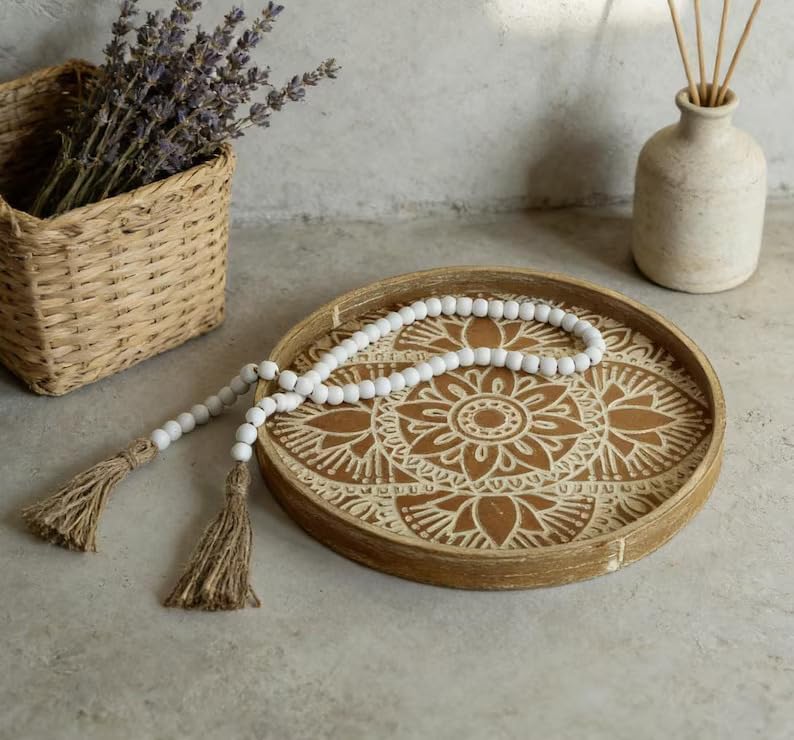Hanobe 2Pcs Round Decorative Trays with Garland Coffee Table Decor, Vintage - Image 4