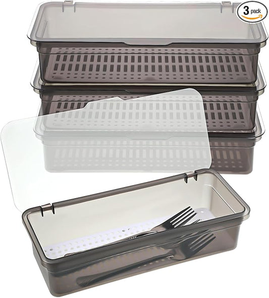 3Pcs Flatware Tray with Lid and Drainer Silverware Tray Kitchen Dinnerware Holder Box Utensil Storage Container Drawer Organizer for Home and Travel