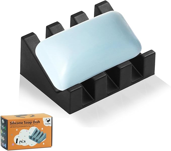 Self Draining Soap Dish Holder,Silicone Soap Dish,for Bathroom,Kitchen, Sponges，Can Extend Soap Life，Keep Soap Bars Dry and Easy Cleaning (Black,1-Pack)