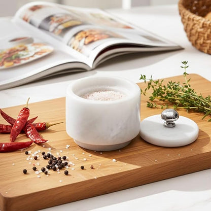 Radicaln Marble Salt Cellar with Lid 3" White Handmade Salt Box & Spice Jar for Kitchen Counter, Ideal Salt Holder, Sugar Bowl & Salt Dish, Salt Container For Housewarming Gift & Kitchen Decor