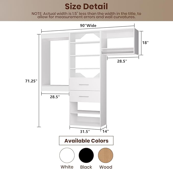 ROOMTEC Modular Closet System, 90" Wall Mounted Modern Closet Organizer with Hanging Rods and Drawers, Wooden Tower for Walk-In Closets, Wardrobe Storage Kit, White
