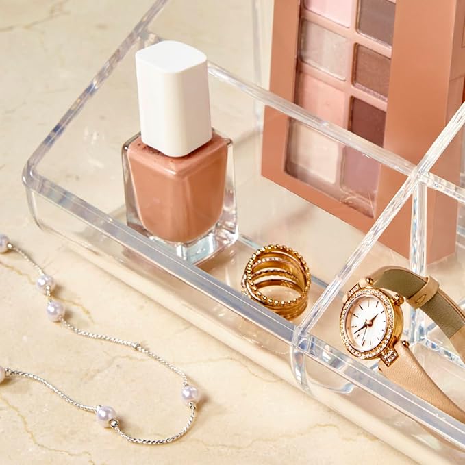 STORi Clear Plastic Vanity Makeup Organizer | 6-Compartment Holder for Brushes, Eyeshadow Palettes, & Beauty Supplies | Curved Front Design | Made in USA