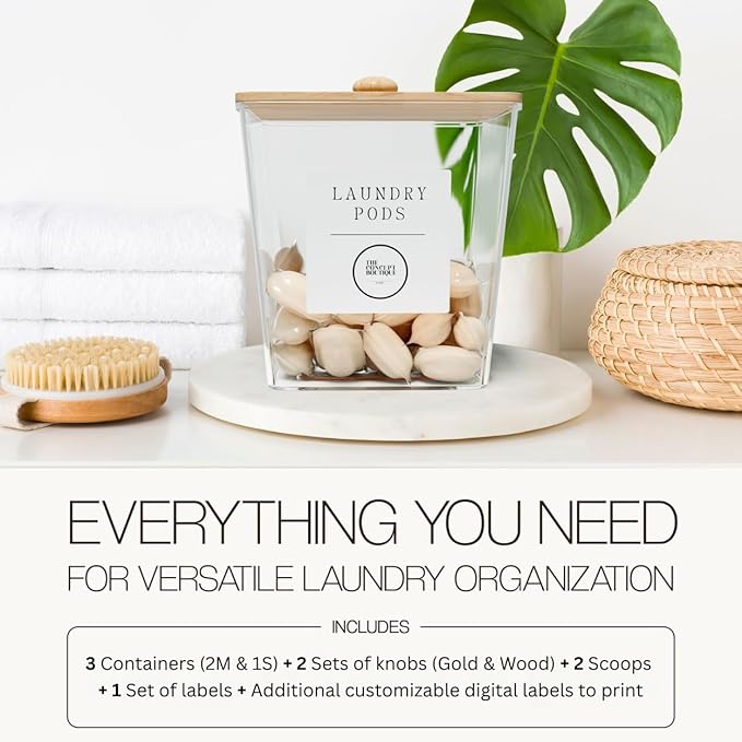 3 Pack Acrylic Laundry Room Organization Containers with Gold & Wood Knobs – Laundry Pods Container & Detergent Organizer Set | Clear Laundry Jars | Scoops & Customizable Labels | Storage Canisters