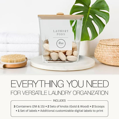 3 Pack Acrylic Laundry Room Organization Containers with Gold & Wood Knobs – Laundry Pods Container & Detergent Organizer Set | Clear Laundry Jars | Scoops & Customizable Labels | Storage Canisters