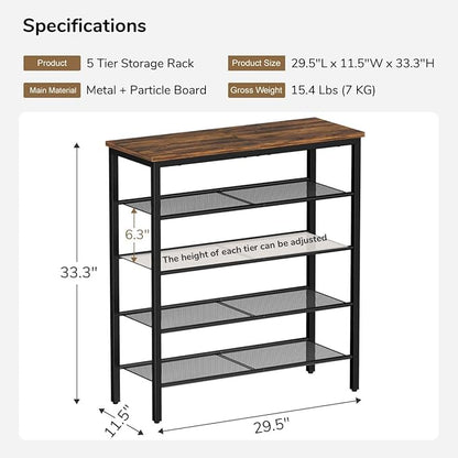 Shoe Rack, 5-Tier Shoe Storage Organizer with 4 Metal Mesh Shelves for 15-20 Pairs, Free Standing Shoe Racks, for Entryway, Hallway, Closet, Dorm Room, Industrial, Rustic Brown