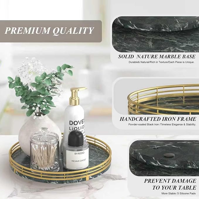 Green Marble Lazy Susan Turntable for Table Top – 10” Round Marble Tray Organizer for Dining Table, Kitchen Countertop & Bar, Luxury Stone Serving Tray with Gold Frame