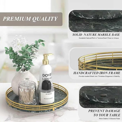 Green Marble Lazy Susan Turntable for Table Top – 10” Round Marble Tray Organizer for Dining Table, Kitchen Countertop & Bar, Luxury Stone Serving Tray with Gold Frame