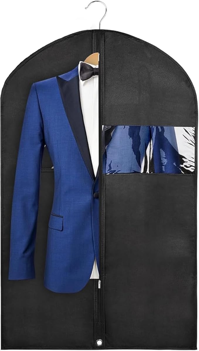43" Black Garment Bags for Hanging Clothes Storage and Men Travel with Car, Hanging Suit bag Cover with Zipper, Clear Window and Name Tag for Shirt, Jacket, Suit, Coat (1)