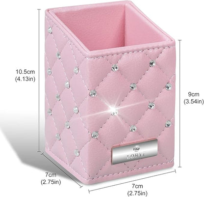 LORYP Makeup Brush Holder Crystal Brushes Cup Pink PU Make up Brush Case Bag Storage for Women