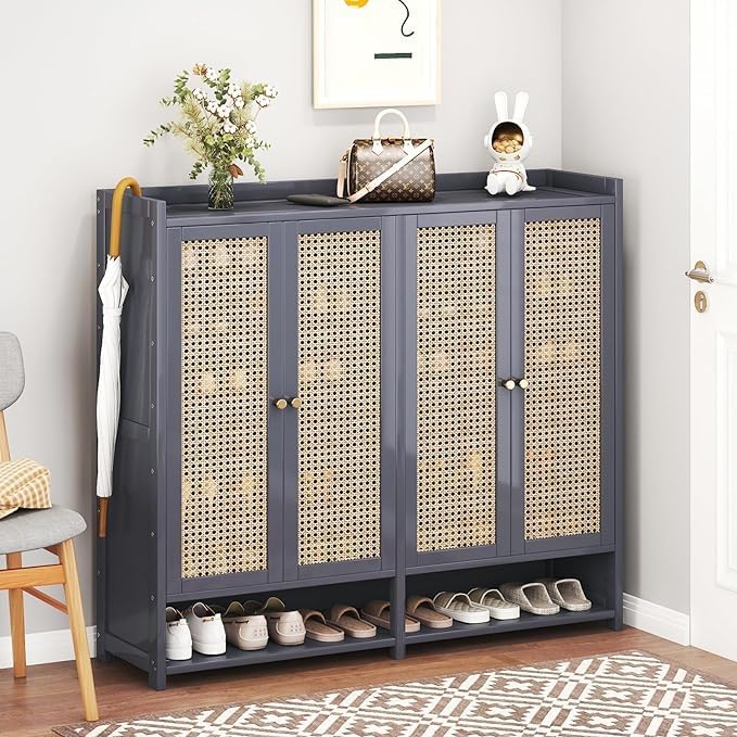 8 Tier Bamboo Shoe Cabinet with Doors, 38-42 Pairs Shoe Rack for Closet, Shoe Storage Cabinet for Hallway Living Room Office(Grey)