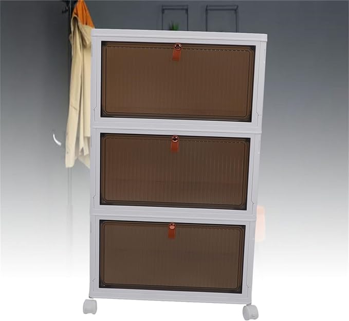 Shoe Storage Box 6 Pack Clear Plastic Stackable Shoe Organizer with Magnetic Door and Wheels for Sneakers Boots Closet Entryway (3 Tier)