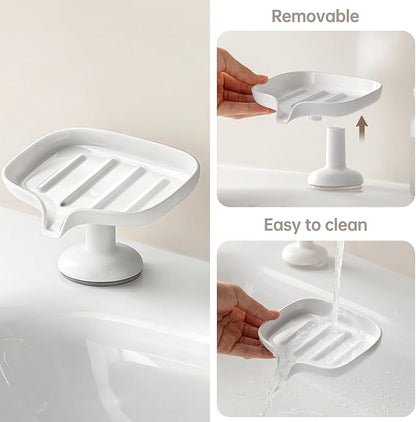 PAVSTINE Self-Draining Soap Dish with Suction Cup, Stand Bar Soap Holder, No Drill Removable Sponge Tray for Shower, Bathroom, Kitchen Sink, Easy to Clean & Keeps Dry, White