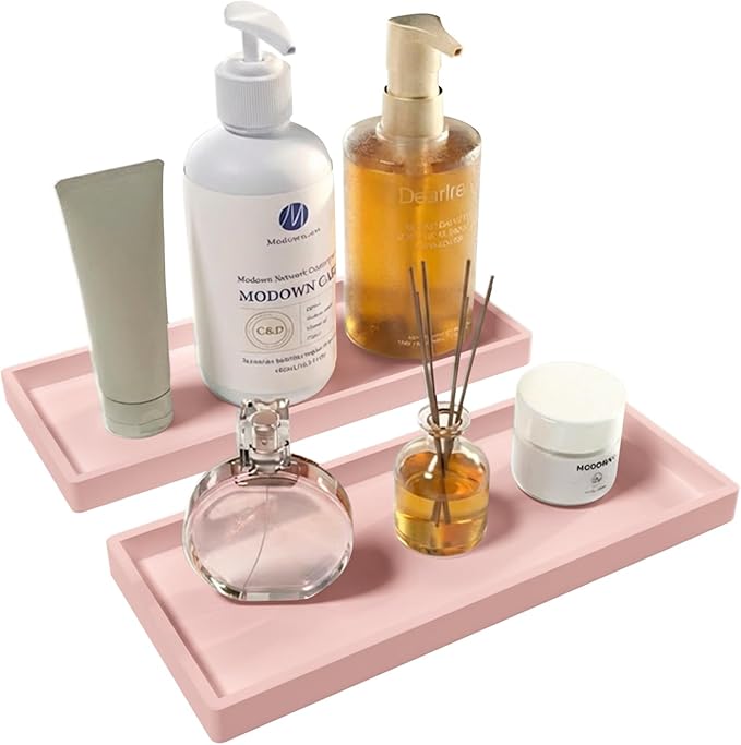 Bathroom Vanity Tray 2 Pack, 11.8 x 5 Inch Silicone Bathroom Counter Tray, Large Candle Trays for Dresser and Waterproof Organizer for Vanity, Kitchen, Toilet, Pink