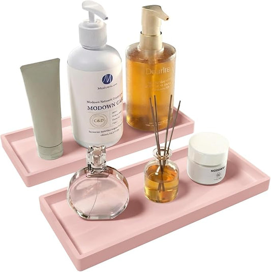 Bathroom Vanity Tray 2 Pack, 11.8 x 5 Inch Silicone Bathroom Counter Tray, Large Candle Trays for Dresser and Waterproof Organizer for Vanity, Kitchen, Toilet, Pink