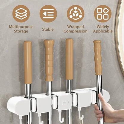 2Pcs Broom Holder Wall Mount, No-Drilling Self-Adhesive Mop and Broom Storage Rack with Hooks (4 Racks with 5 Hooks), Wall-Mounted Broom Hanger for Bathroom, Kitchen, Closet, Garage (White ﻿)