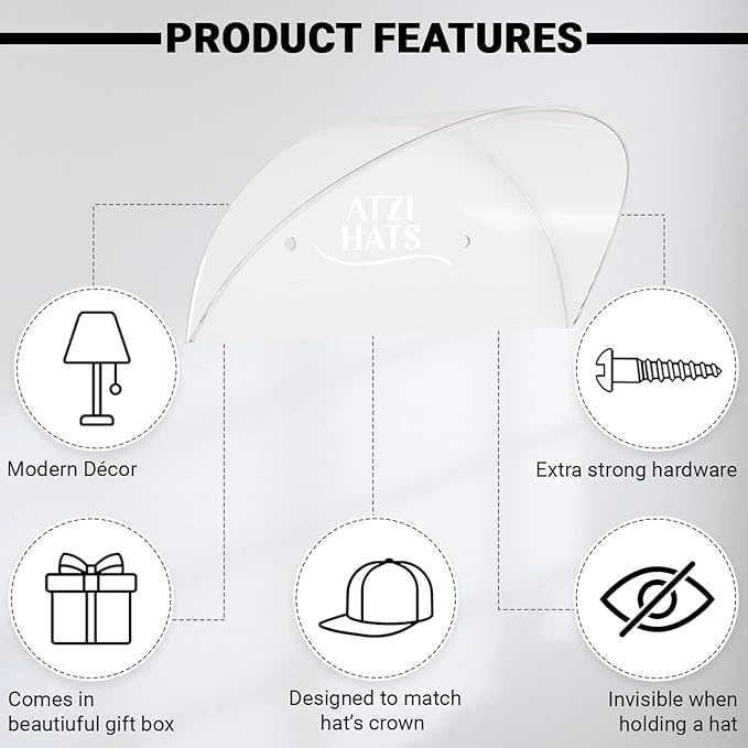 Hat Hanger Baseball Cap Fedora Western Cowboy Trucker Wall Holder Hat Hook Hat Organizer Display Rack All Types of Hats Minimalist Décor Clear Acrylic Fathers Day Gift - 2 Pack