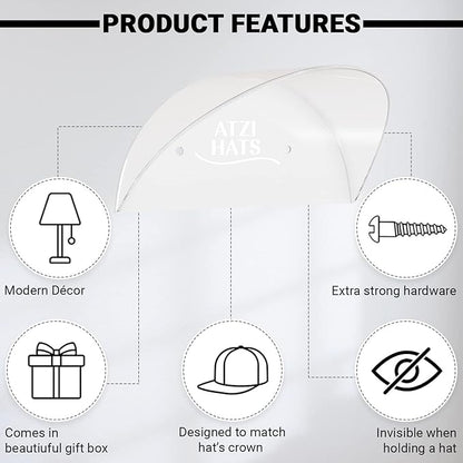 Hat Hanger Baseball Cap Fedora Western Cowboy Trucker Wall Holder Hat Hook Hat Organizer Display Rack All Types of Hats Minimalist Décor Clear Acrylic Fathers Day Gift - 2 Pack